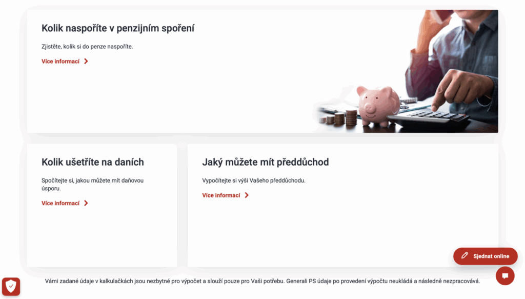 Generali nabízí na svých stránkách návštěvníkům několik spořících kalkulaček.
